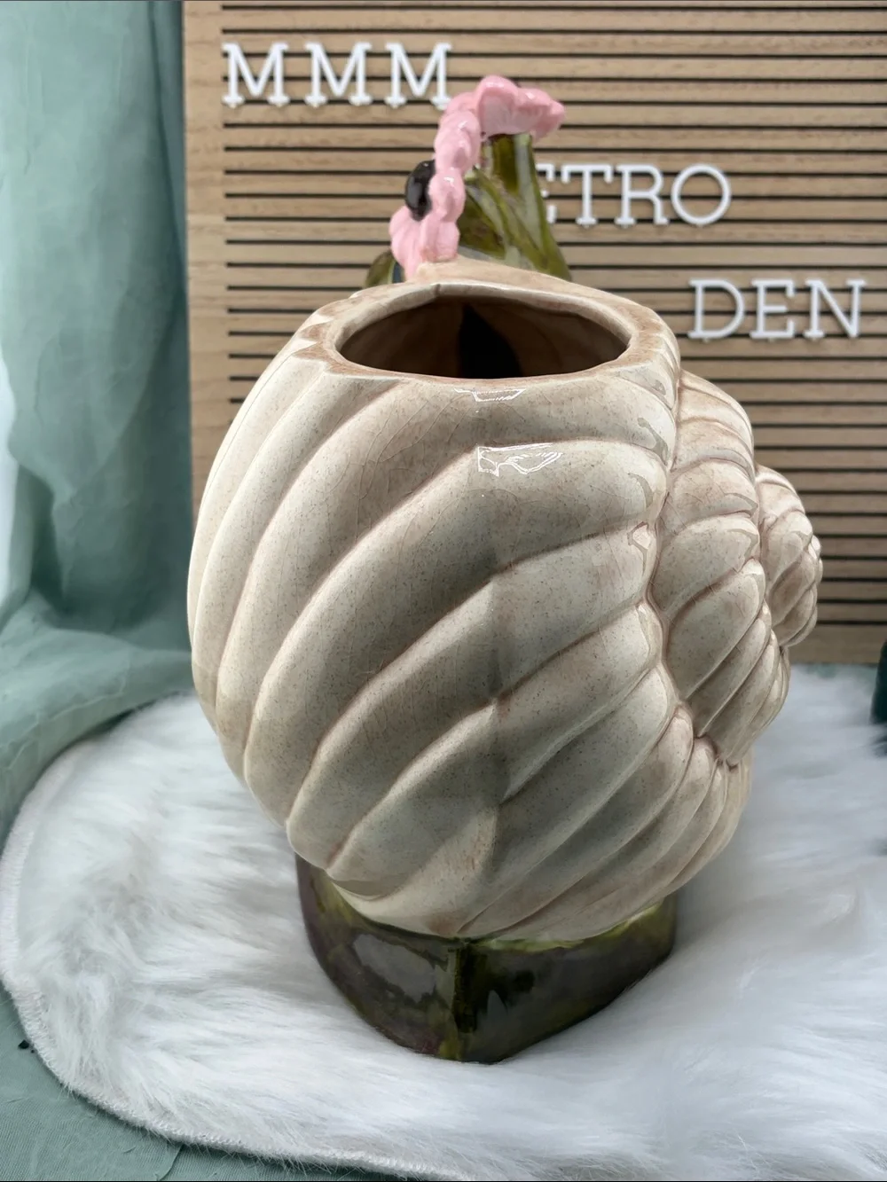 Vintage Ceramic Olive Green Snail with Pink Flowers Planter and Cream Shell
